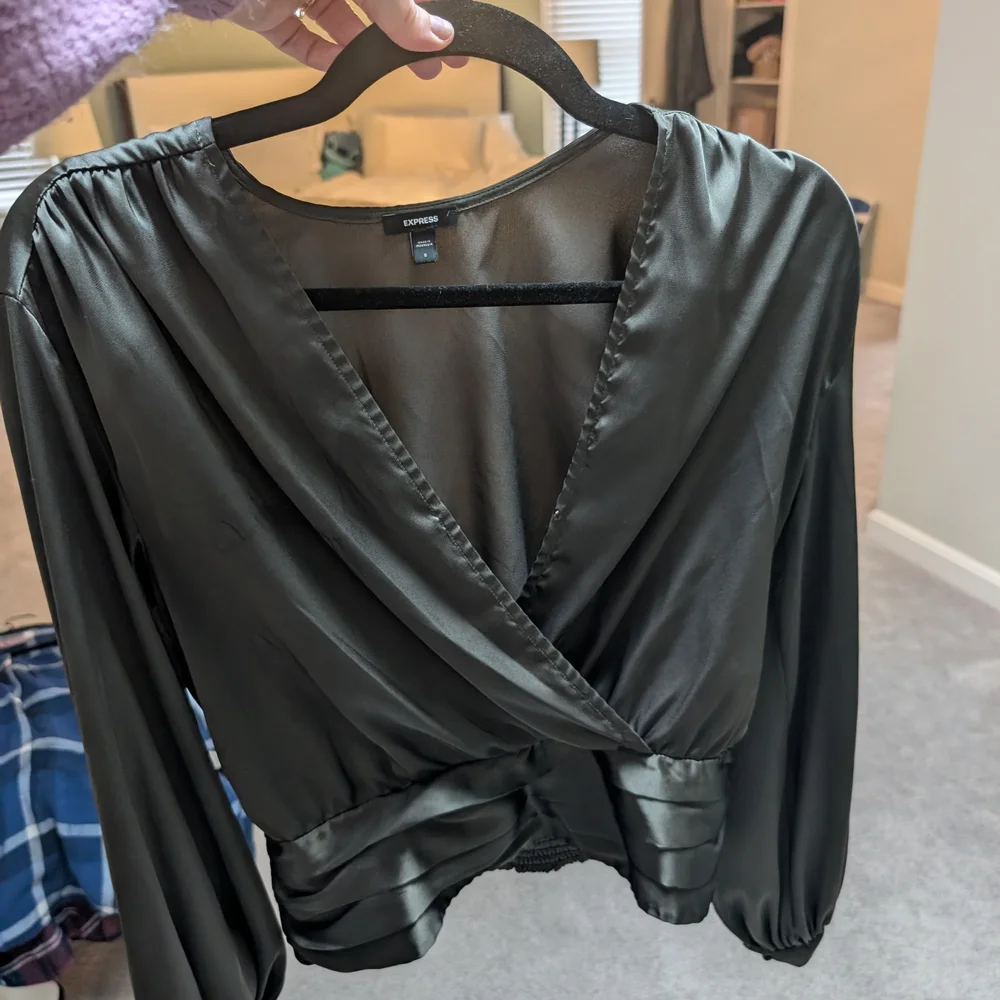 Express Olive Satin Surplice Wrap Blouse - Picture 1 of 3